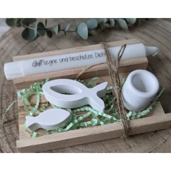 Geschenkset Kommunion, Kommunionkerze, Geschenk, Kerze mit Kerzenständer, Kerze und Fische/Schiffchen, Raysin