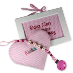 Geschenkset mit Namen Kinderzimmer best. Türschild Schnullerkette Wärmekissen - Geschenk zur Geburt Taufe Geburtstag ros
