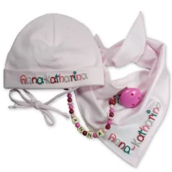 Geschenkset mit Namen Klassik best. aus Babymütze Schnullerkette Wärmekissen - Geschenk zur Geburt Taufe Geburtstag rosa