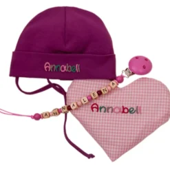 Geschenkset mit Namen Klassik best. aus Babymütze Schnullerkette Wärmekissen - Geschenk zur Geburt Taufe Geburtstag rosa