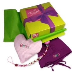 Geschenkset mit Namen Klassik best. aus Babymütze Schnullerkette Wärmekissen - Geschenk zur Geburt Taufe Geburtstag rosa