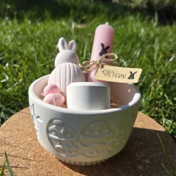 Geschenkset Osterschale ~ Schale mit Stabkerze u. Kerzenständer, Deko Hase Ostern
