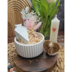 Geschenkset Schulanfang | Dekoschale mit Zuckertüte, Kerzenhalter + Kerze und Trockenblumen, personalisierbar | Schule