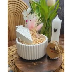 Geschenkset Schulanfang | Dekoschale mit Zuckertüte, Kerzenhalter + Kerze und Trockenblumen, personalisierbar | Schule