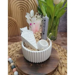 Geschenkset Schulanfang | Dekoschale mit Zuckertüte, Kerzenhalter + Kerze und Trockenblumen, personalisierbar | Schule