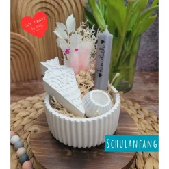 Geschenkset Schulanfang | Dekoschale mit Zuckertüte, Kerzenhalter + Kerze und Trockenblumen, personalisierbar | Schule