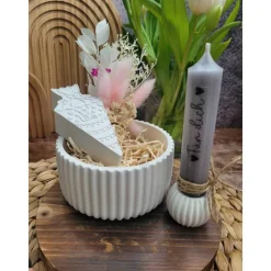 Geschenkset Schulanfang | Dekoschale mit Zuckertüte, Kerzenhalter + Kerze und Trockenblumen, personalisierbar | Schule