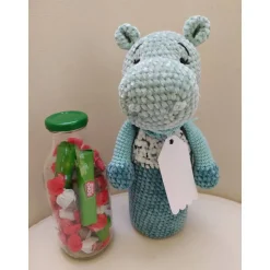 Geschenkverpackung, Flaschenüberzug, Nilpferd, gehäkelt, Handarbeit