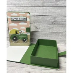 Geschenkverpackung „Happy Birthday“ Buchbox Trecker Traktor Geburtstag Geldgeschenk pink grün Handmade Stampin‘ Up!