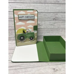 Geschenkverpackung „Happy Birthday“ Buchbox Trecker Traktor Geburtstag Geldgeschenk pink grün Handmade Stampin‘ Up!