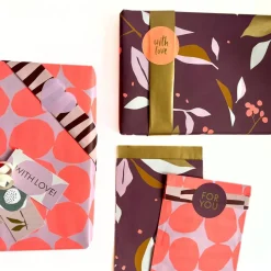 Geschenkverpackung Set NEON FALL Geschenkpapier Aufkleber Anhänger und Tüten in lila