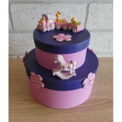 Geschenkverpackung Torte mit Eisenbahn und Schaukelpferd - rosa-lila