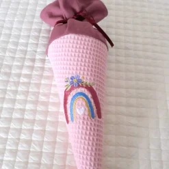 Geschwistertüte kleine Schultüte personalisierbar Kindergartentüte Regenbogen rosa Kitatüte Waffelstoff Zuckertüte