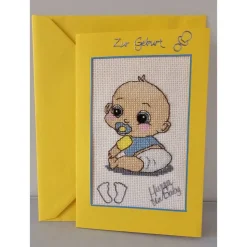 Gestickte Grußkarte "Zur Geburt", Klappkarte, Handarbeit