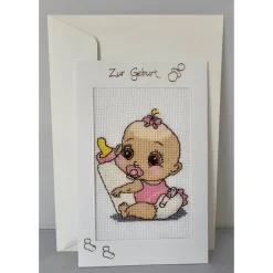 Gestickte Grußkarte "Zur Geburt", Klappkarte, Handarbeit