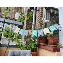 Girlande Willkommen in Pastellfarben Fashionfarben Grau Mint und Creme auf Wunsch personalisiert mit Wunschtext oder Nam