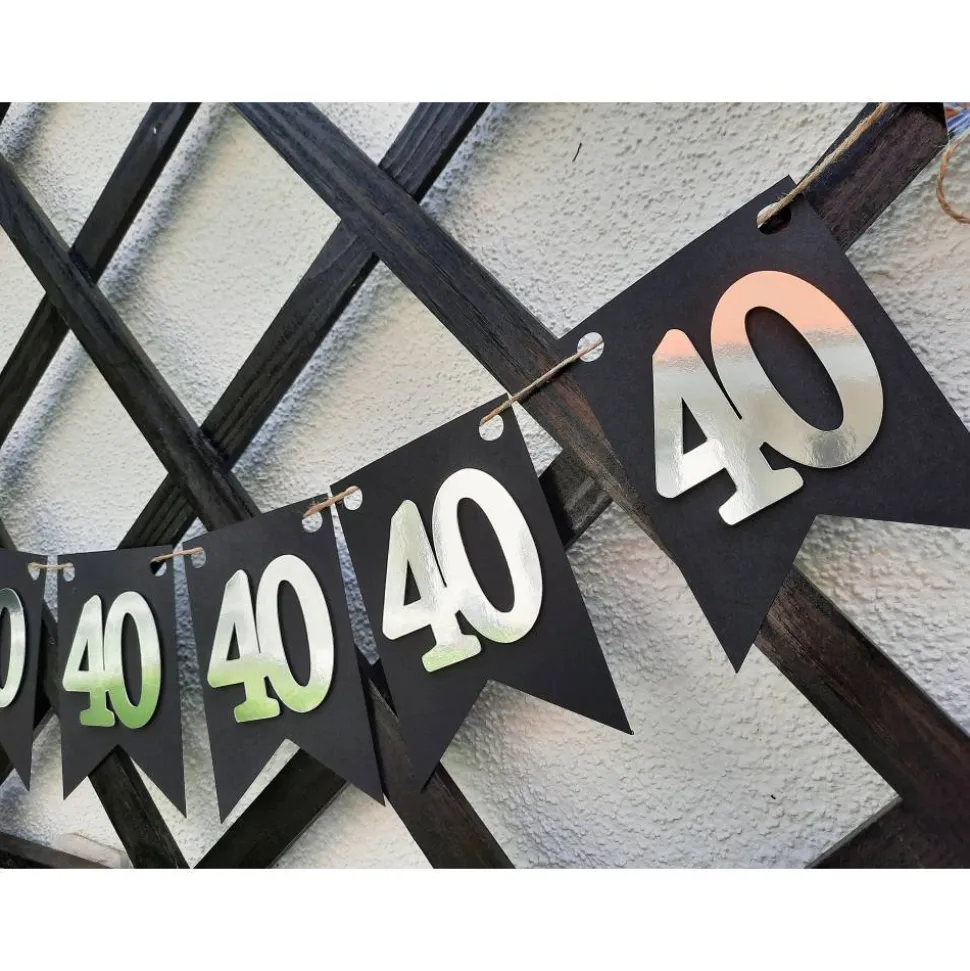 Girlande zum 40. Geburtstag in Silber und Schwarz, tolle Farben mit Spiegeleffekt! Wimpel, Wimpelkette in angesagten Tre