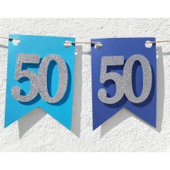 Girlande zum 50. Geburtstag in silber und blau. Handgefertigte Papierdeko, Wimpel, Wimpelkette, Glitzer Silber.