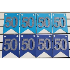 Girlande zum 50. Geburtstag in silber und blau. Handgefertigte Papierdeko, Wimpel, Wimpelkette, Glitzer Silber.