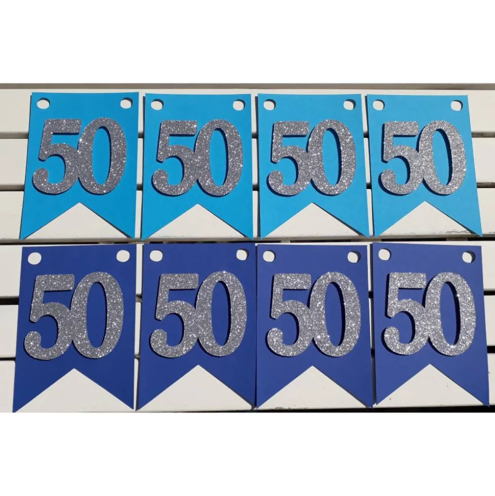 Girlande zum 50. Geburtstag in silber und blau. Handgefertigte Papierdeko, Wimpel, Wimpelkette, Glitzer Silber.