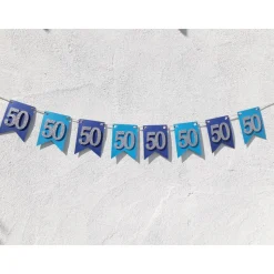 Girlande zum 50. Geburtstag in silber und blau. Handgefertigte Papierdeko, Wimpel, Wimpelkette, Glitzer Silber.
