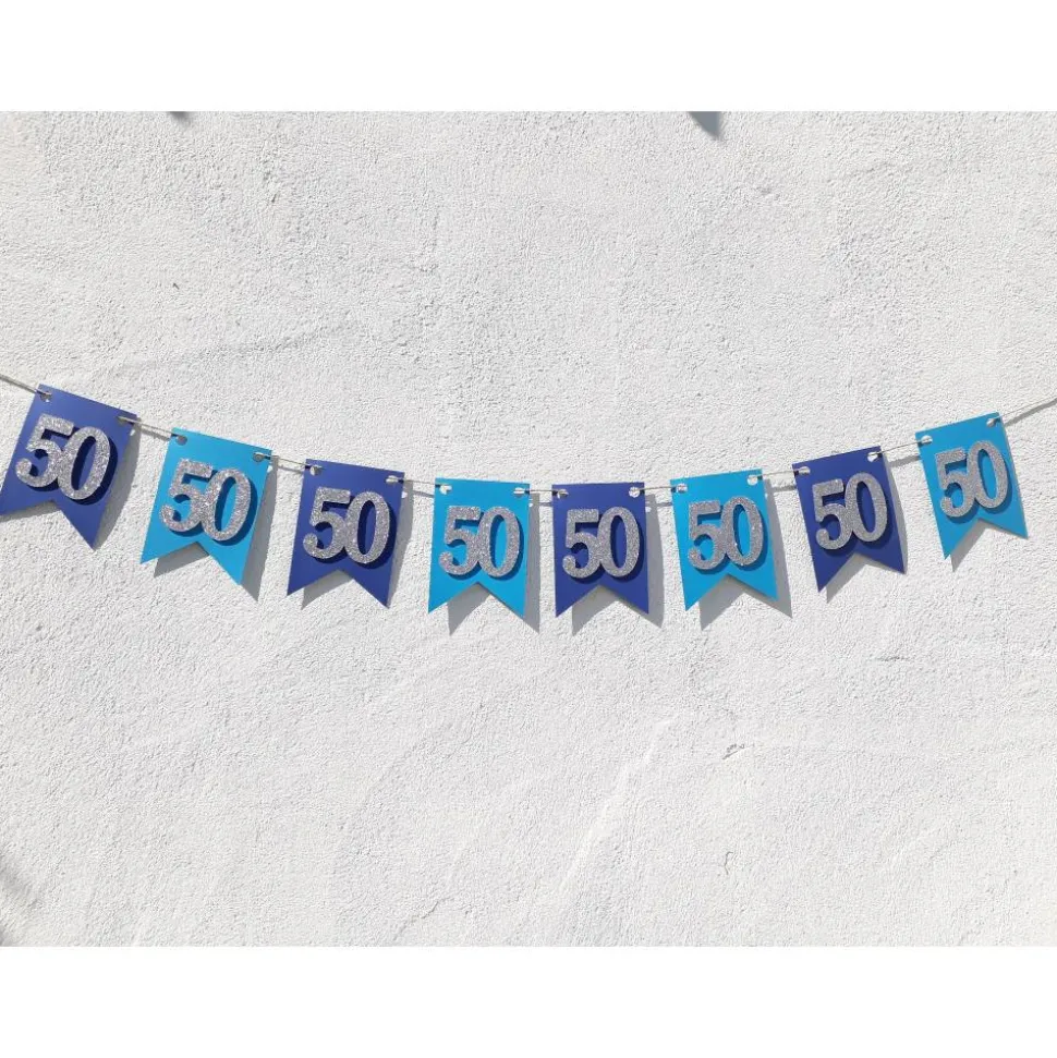 Girlande zum 50. Geburtstag in silber und blau. Handgefertigte Papierdeko, Wimpel, Wimpelkette, Glitzer Silber.