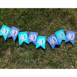 Girlande zum 40. Geburtstag in blau und dunkelblau mit silbernen Zahlen. Glitzer. Wimpel. Wimpelkette. Happy Birthday. Dekoration aus Papier.