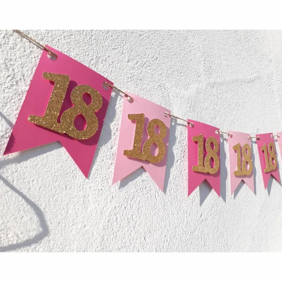 Girlande zum 18. Geburtstag Pink Rosa Gold Wimpel Endlich volljährig Wimpelkette Glitzer Gold Geburtstagsdeko