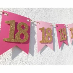 Girlande zum 18. Geburtstag Pink Rosa Gold Wimpel Endlich volljährig Wimpelkette Glitzer Gold Geburtstagsdeko