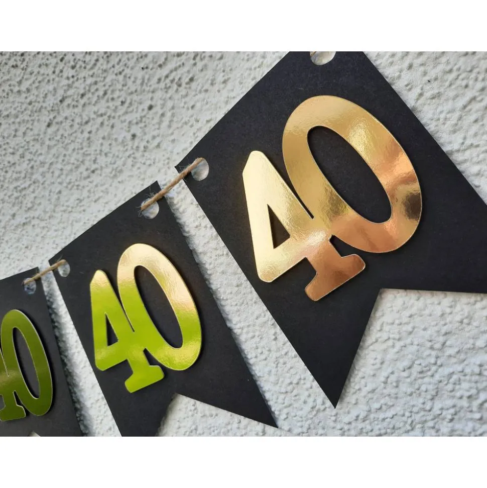Girlande zum 40. Geburtstag in Gold und Schwarz, tolle Farben mit Spiegeleffekt! Wimpel, Wimpelkette in angesagten Trend