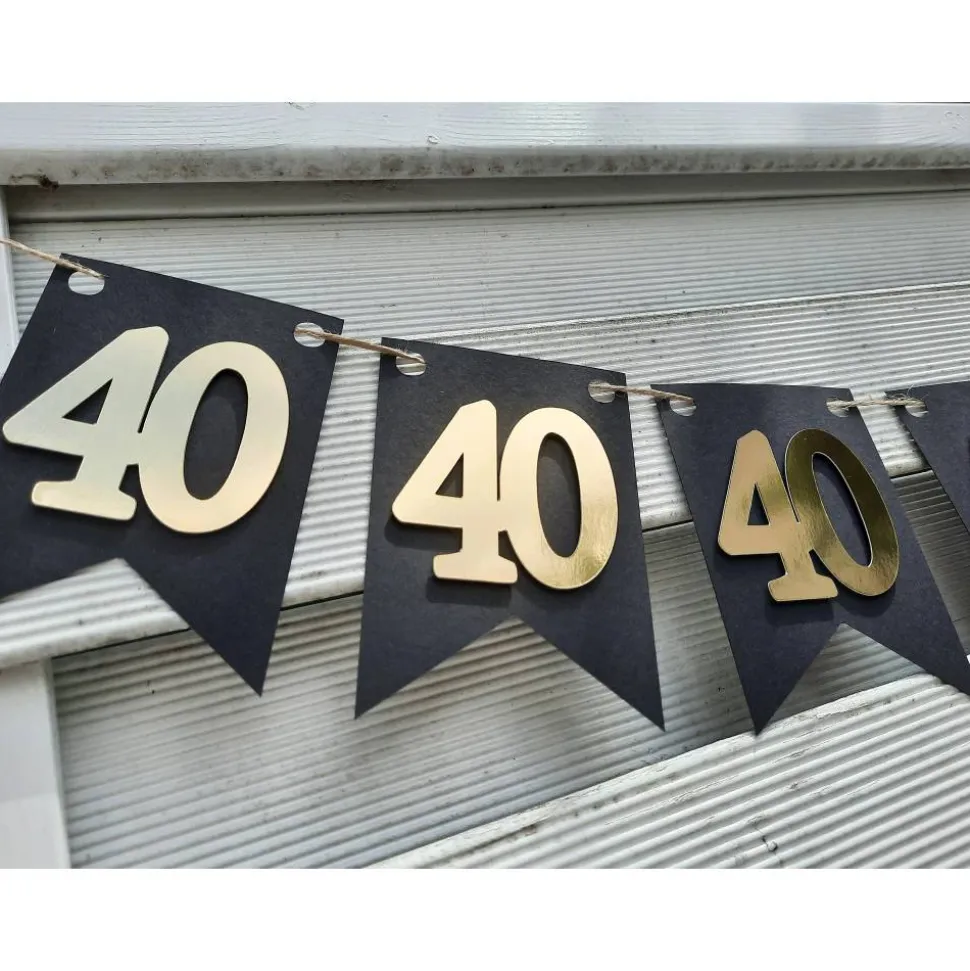 Girlande zum 40. Geburtstag in Gold und Schwarz, tolle Farben mit Spiegeleffekt! Wimpel, Wimpelkette in angesagten Trend