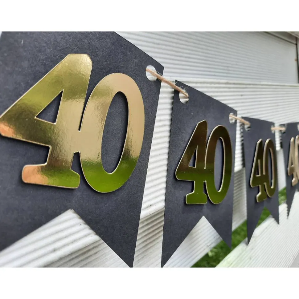 Girlande zum 40. Geburtstag in Gold und Schwarz, tolle Farben mit Spiegeleffekt! Wimpel, Wimpelkette in angesagten Trend