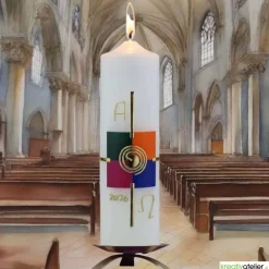 Glanz der Auferstehung – Handverzierte Osterkerze mit Kreuz, Sonne, Kachel-Motiven & Alpha/Omega