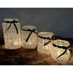 Glas Adventskranz umhäkelt und dekoriert mit Glasglocke, Teelicht Windlicht Weihnachten Edel