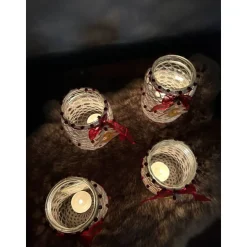 Glas Adventskranz umhäkelt und dekoriert mit Holzanhänger, Teelicht Windlicht Weihnachten Edel