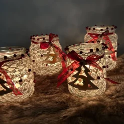Glas Adventskranz umhäkelt und dekoriert mit Holzanhänger, Teelicht Windlicht Weihnachten Edel