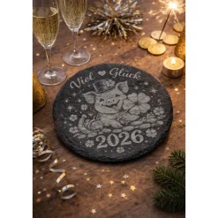 Glücksbringer 2026 Schieferplatte rund 20 cm | Viel Glück | Silvester Geschenk | Deko Neujahr