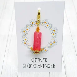 Glücksbringer Frühlingslicht Kerze goldfarben/pink – Handgemachter Kerzen-Anhänger mit Karabiner