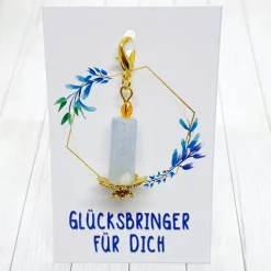 Glücksbringer Frühlingslicht Kerze goldfarben/blau – Handgemachter Anhänger als Geschenk