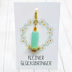 Glücksbringer Frühlingslicht Kerze goldfarben/mint – Handgemachter Anhänger als Geschenk