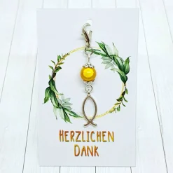 Glücksbringer Ichtys Fisch silberfarben/gelb – Gastgeschenk Kommunion, Firmung, Konfirmation