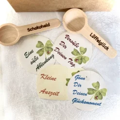 Glückspäckchen, Glücksbox, Freundschaftsgeschenk, Schokolade zum Löffeln, Holzlöffel mit Gravur,Mininutella mit Spruch