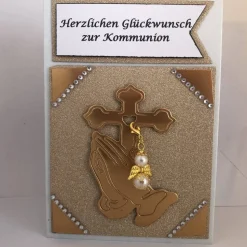 Glückwunsch Karte zur Kommunion in goldfarben mit abnehmbaren Schutzengel weiß/gold Grußkarte