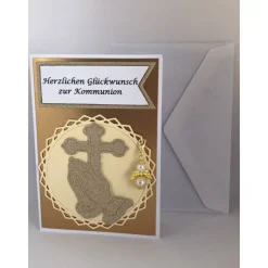 Glückwunsch Karte zur Kommunion mit abnehmbaren Schutzengel weiß/gold Grußkarte