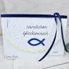 Glückwunschkarte blau-silber Holzfisch zur Kommunion