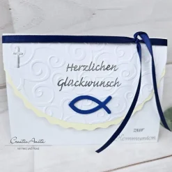 Glückwunschkarte blau-silber Holzfisch zur Kommunion