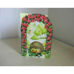 Glückwunschkarte Geburtstag 3-D Igel am Rosenbogen – Humorvolle Grußkarte, Geldkarte, Unikat