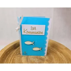 Glückwunschkarte hellblau-weiß Holzfisch zur Kommunion