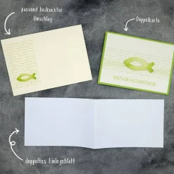 Glückwunschkarte Kommunion, Konfirmation & Firmung – Fisch Maigrün, handgemacht, mit Umschlag & Einlegeblatt