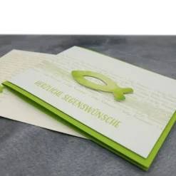 Glückwunschkarte Kommunion, Konfirmation & Firmung – Fisch Maigrün, handgemacht, mit Umschlag & Einlegeblatt